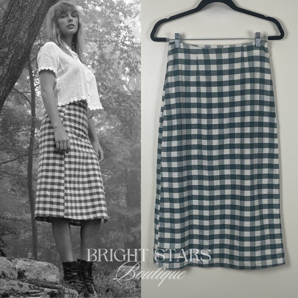 Rare Gingham Skirt ASO Taylor Swift Folklore Green White Plaid Midi Fall - Picture 2 of 6